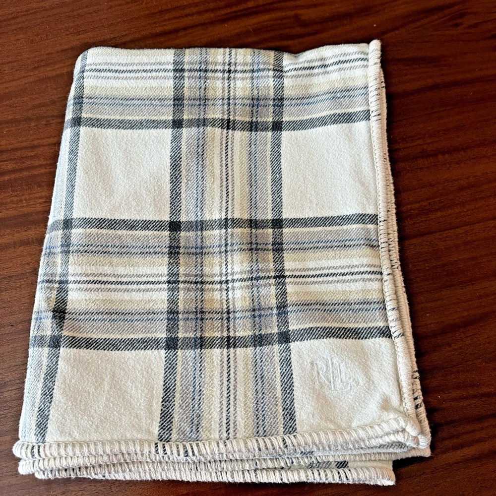 Lauren Ralph Lauren Plaid Tartan Throw Blanket Cream  100% Cotton 52 x 66 LRL